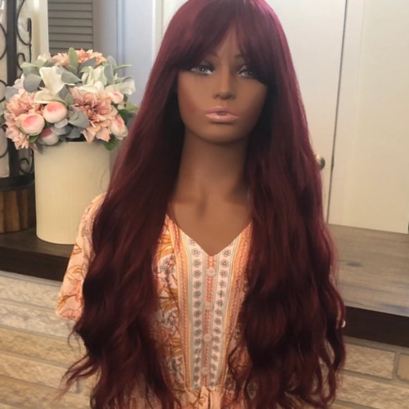 Maroon Wavy Wig with Bangs